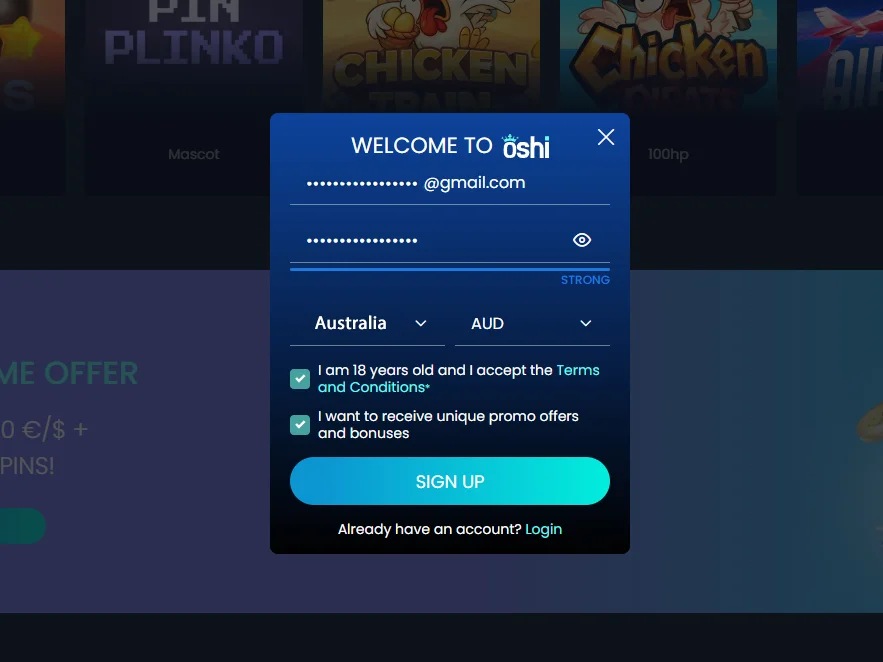 Oshi account creation panel with login fields, Australian country and AUD currency selections, and required confirmations