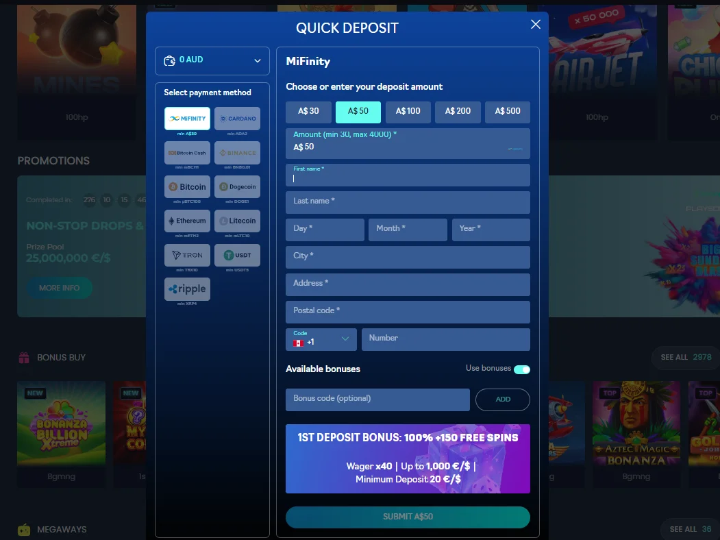 Oshi cashier showing payment methods alongside account holder, address, amount and bonus fields