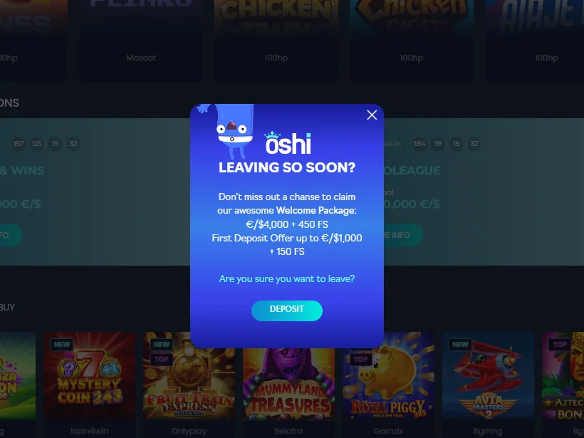 Oshi promotional window summarising the welcome package with a Deposit action
